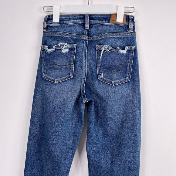 AE American Eagle Mom Jean Distressed Destroyed Mid Rise Stretch Denim Size 0 - Picture 7 of 13